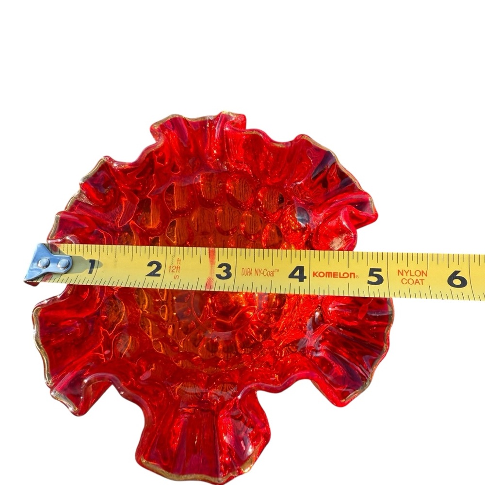 VINTAGE RED CARNIVAL GLASS COMPOTE WITH RUFFLED EDGE - Picture 11 of 12